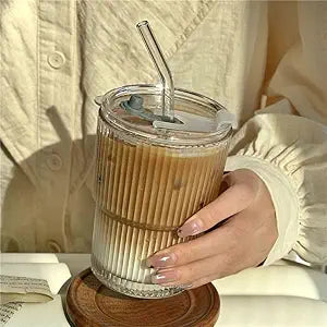 400ml Glass Tumbler with Lid & Straw – Leakproof Iced Coffee & Juice Cup | Thick-Walled, Portable, Transparent (Set of 1)