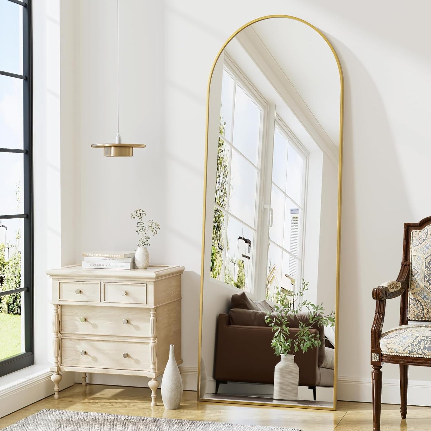 Modern Arched Full-Length Mirror with Gold Frame – Elegant Floor Mirror for Bedroom, Living Room or Entryway